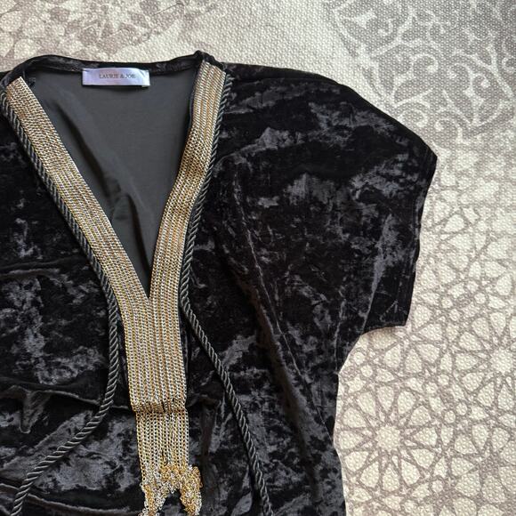 Laurie & Joe Black Crushed Velvet Gold Embroidered Kaftan Maxi Dress Fringe Boho - Picture 8 of 11